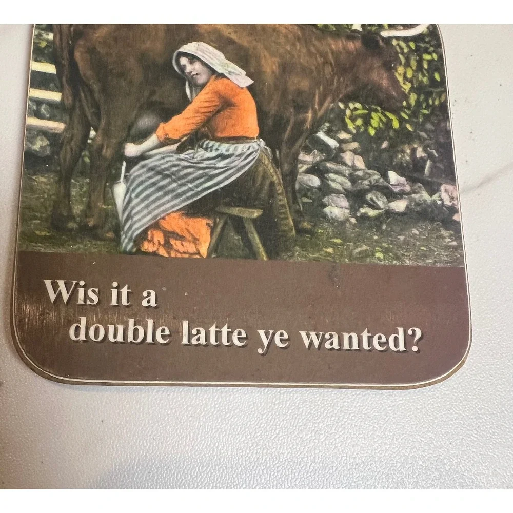 Vintage Style Cow Milkmaid Double Latte Humorous Drink Coaster Brown 3.75‎ Inch